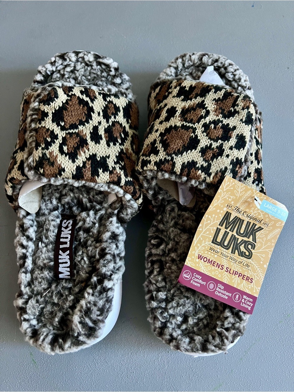 NWT MUK LUKS Faux Fur Leopard Print Open Toe Slide Slippers - Size L (9-10) - Picture 2 of 6